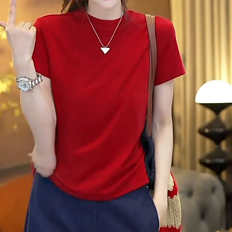 设计师简约收腰显瘦百搭纯色T恤女2025夏季新款女士时尚通勤上衣