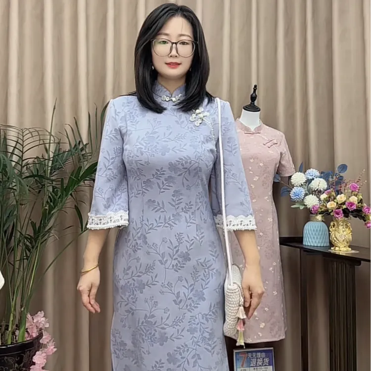 【花依恋】中袖鹿皮绒微弹修身新中式小个子旗袍-裙长1.16米