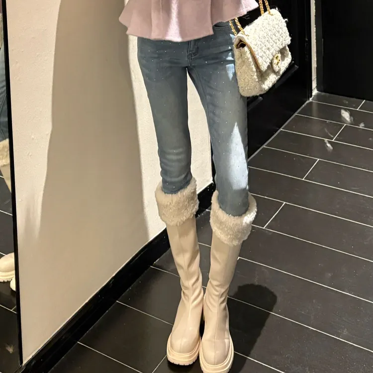 GUIDI GUDI【超模天才】加绒韩系百搭气质修身牛仔裤/黄加蓝