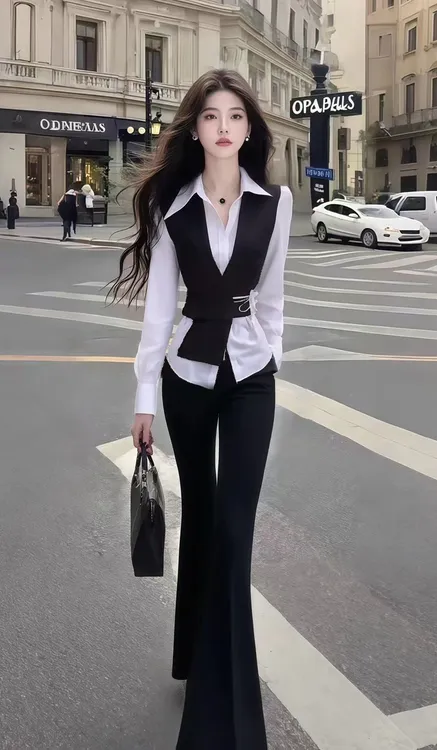 轻奢时尚高端大气白色衬衫领长袖上衣+黑色长裤两件套氛围感穿搭