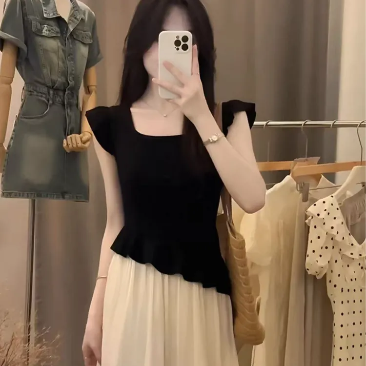 小个子定制方圆领气质温柔减龄韩系不规则短袖T恤