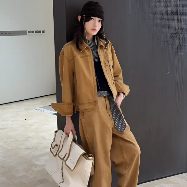 美式复古夹克外套女秋季时尚高街翻领短牛仔机车外套阔腿裤两件套