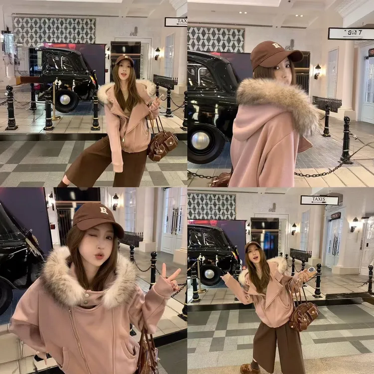 【米朵】韩系加绒毛领连帽卫衣女秋冬季新款2025设计感小众宽松外套套装