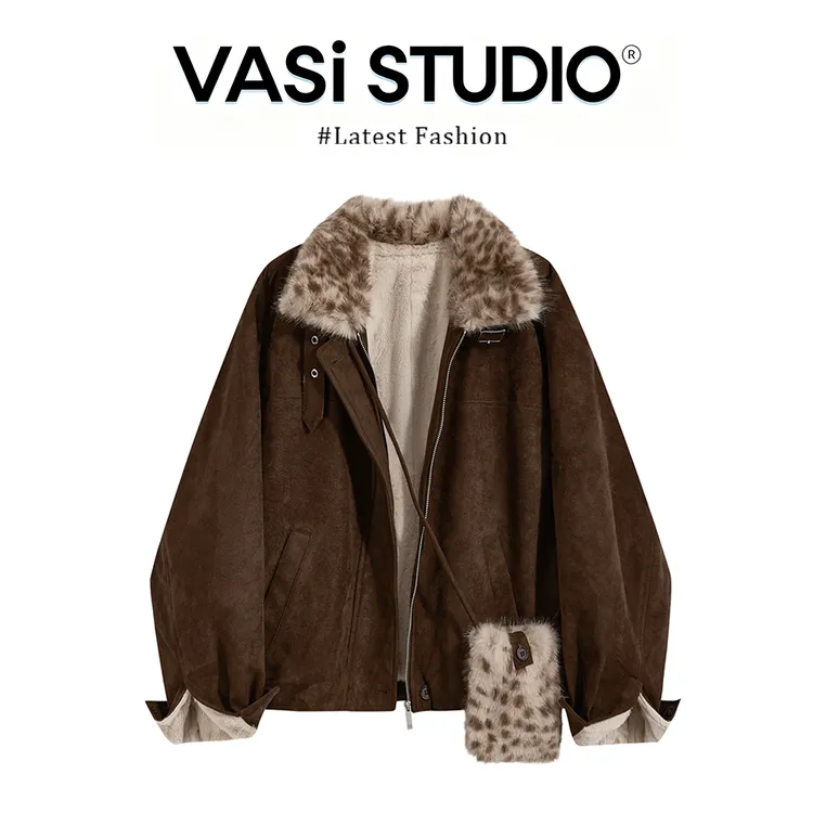 VASI 美拉德皮绒外套女秋冬季加厚保暖高级感宽松拉链夹克外套