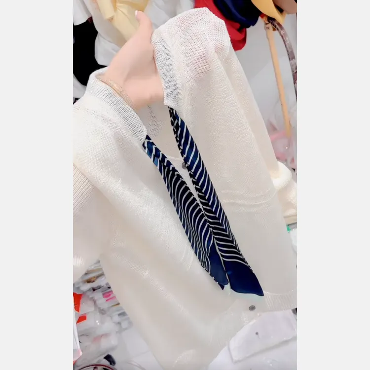 【现货】时尚简约条纹丝巾长袖针织女2025夏季新款休闲百搭显瘦罩衫