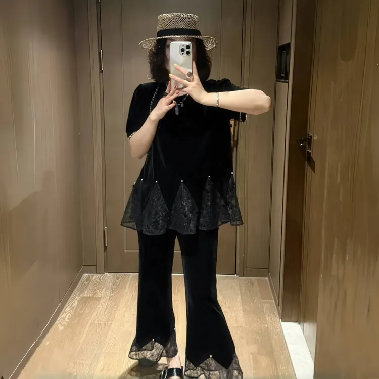 网纱拼接气质套装女2025夏季大码胖MM宽松丝绒T恤+显瘦长裤两件套