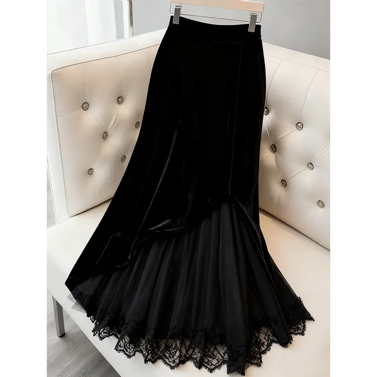 法式洋气拼接网纱半身裙2026春季新款赫本风时尚收腰显瘦黑色长裙