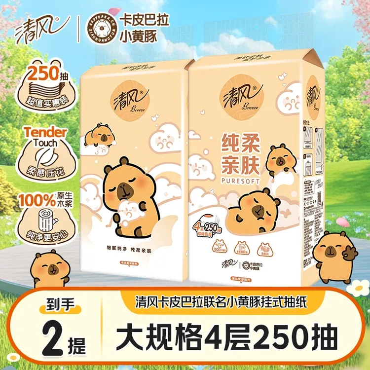 【2提装】清风抽纸卡皮巴拉联名挂抽250抽*4层柔软面巾纸纸巾卫生纸