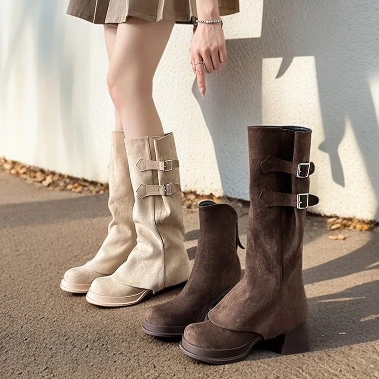 增高7cm 时尚两穿不过膝长筒靴女2025爆款厚底骑士靴美拉德堆堆靴