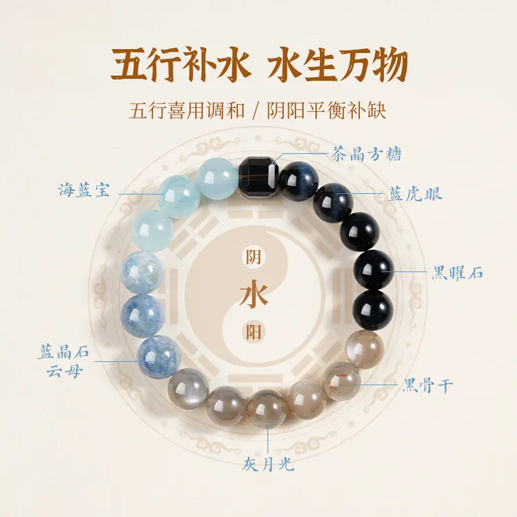五台山黑曜石手串五行缺水补水喜水蓝虎眼招财水晶手链女