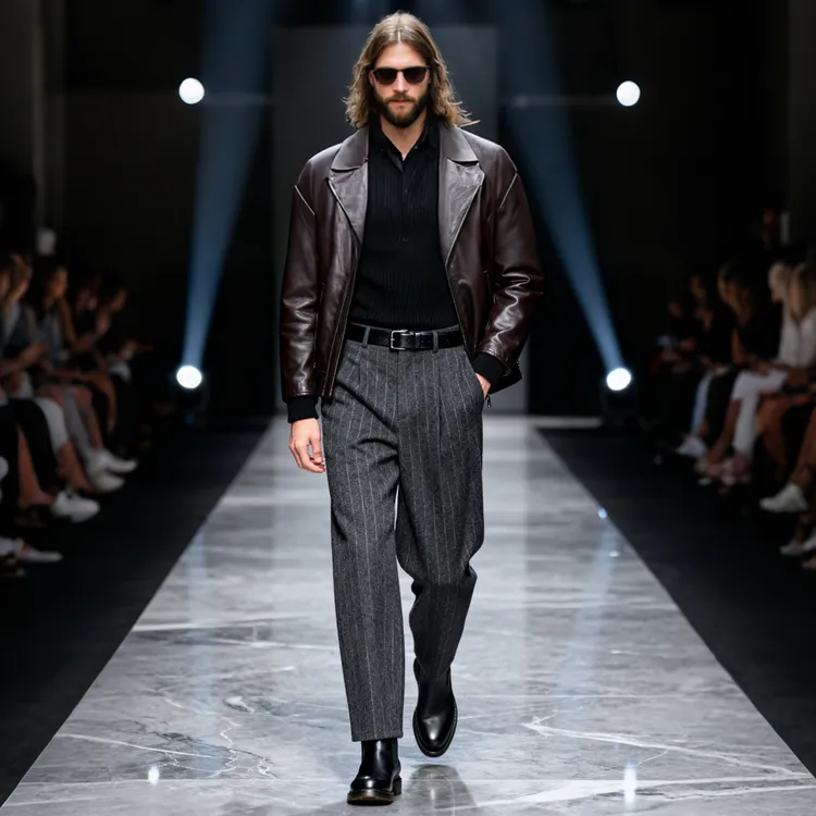 2025冬季时装周男士羊毛呢条纹西裤时尚宽松时髦九分小脚西裤