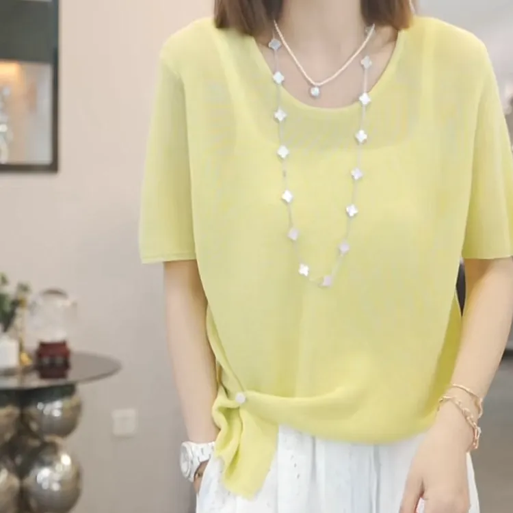 设计感不规则下摆纯色短袖针织衫2025春夏新款时尚百搭休闲上衣