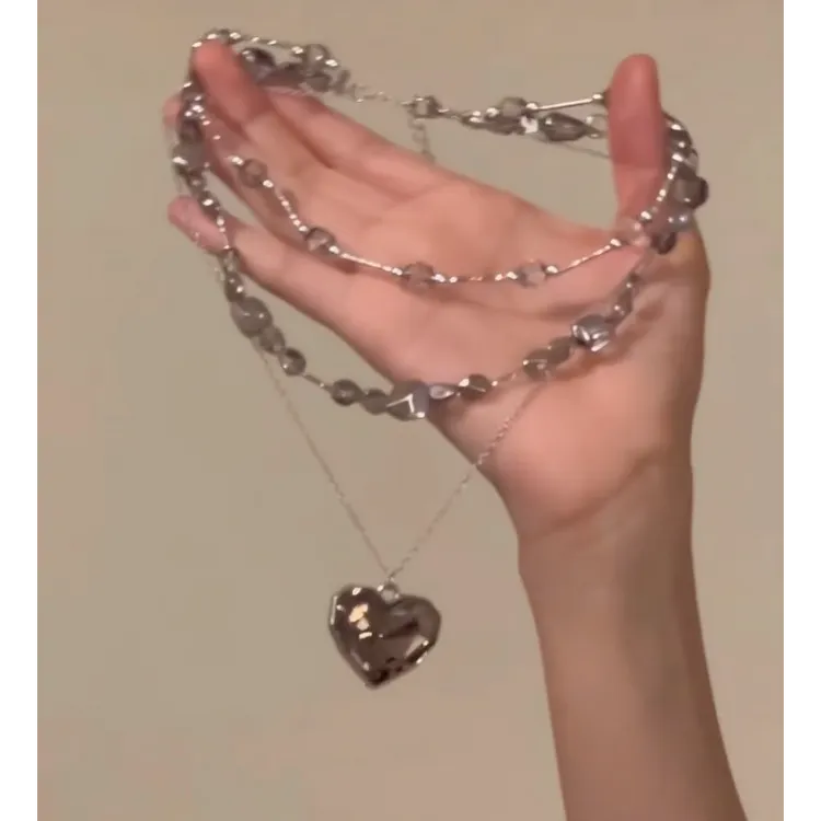 合金锆石项链 黑锆叠戴暗黑爱心水晶项链小众锁骨链颈链轻奢ins