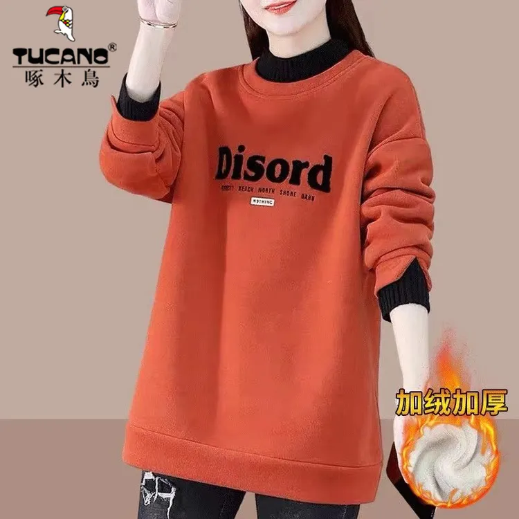 啄木鸟2025秋冬季纯棉加绒加厚卫衣女新款洋气减龄半高领上衣