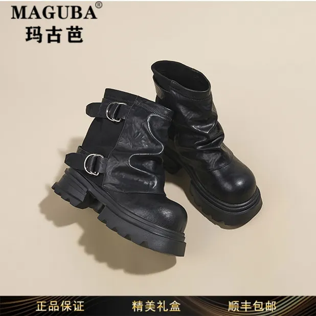 玛古芭女鞋厚底防滑粗高跟马丁靴女冬季新款复古真皮百搭圆头短靴