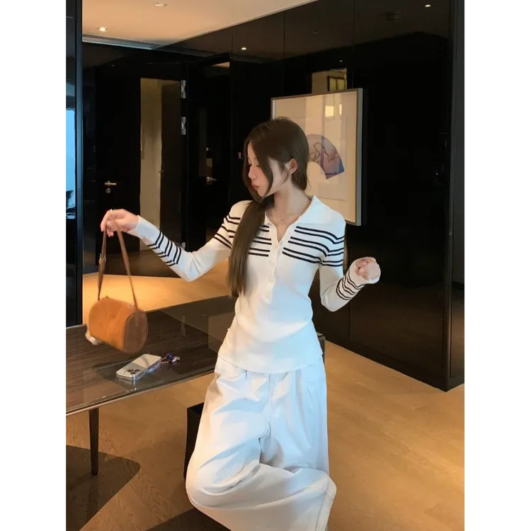 撞色条纹针织长袖打底衫内搭女2025秋装新款Polo领长袖高级感上衣
