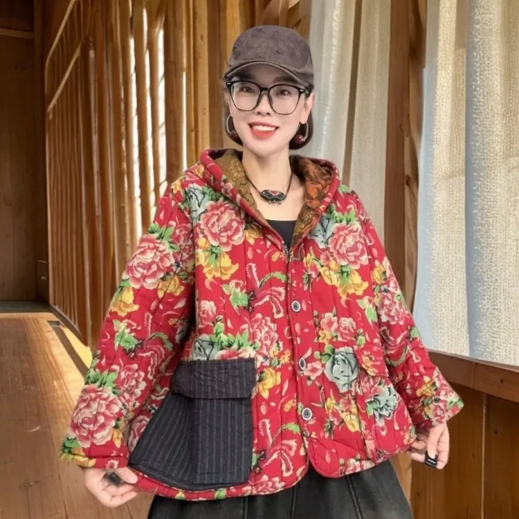 豪雅秋冬款网红印花棉服保暖连帽潮流时尚休闲宽松减龄厚外套百搭