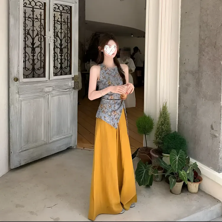 复古气质蓝色碎花印花设计感系带无袖背心+高腰显瘦垂感阔腿裤