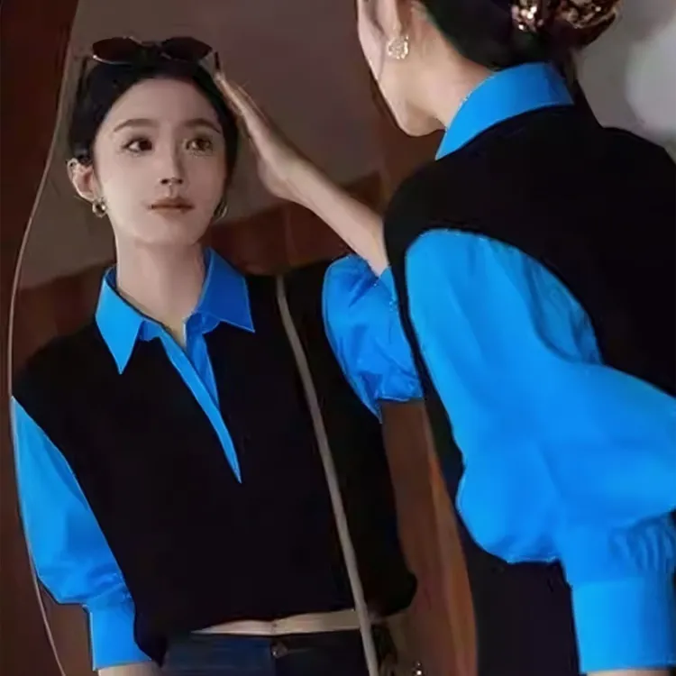 超火减龄独特超好看单穿上衣小众不撞款韩系拼接假两件衬衫女
