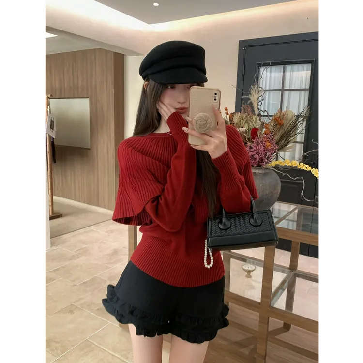 韩系温柔风斗篷假两件针织衫女2026新款毛衣独特漂亮上衣H9-61
