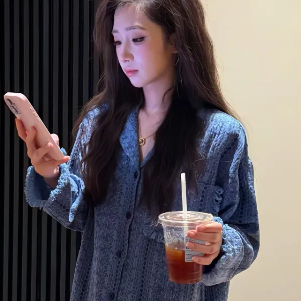 VINEEMAN【雾蓝眠语】早秋款翻领耐磨秋季女睡衣复古小香风女装韩版