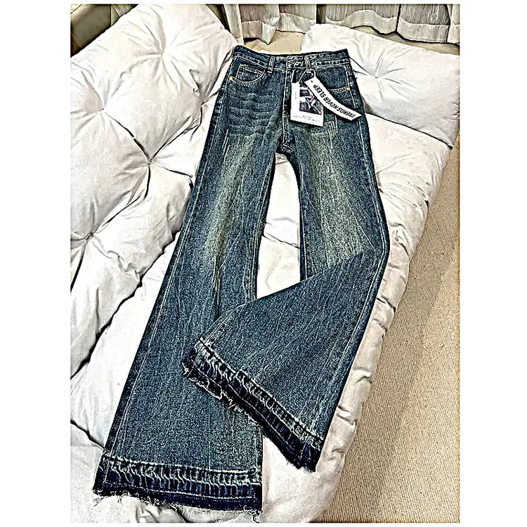 复古做旧毛边微喇牛仔裤女2025秋季高腰宽松阔腿显瘦直筒喇叭裤子