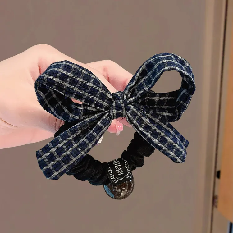 韩系蓝格纹蝴蝶结发圈女2025新款高级感后脑勺丸子头发绳耐用皮筋