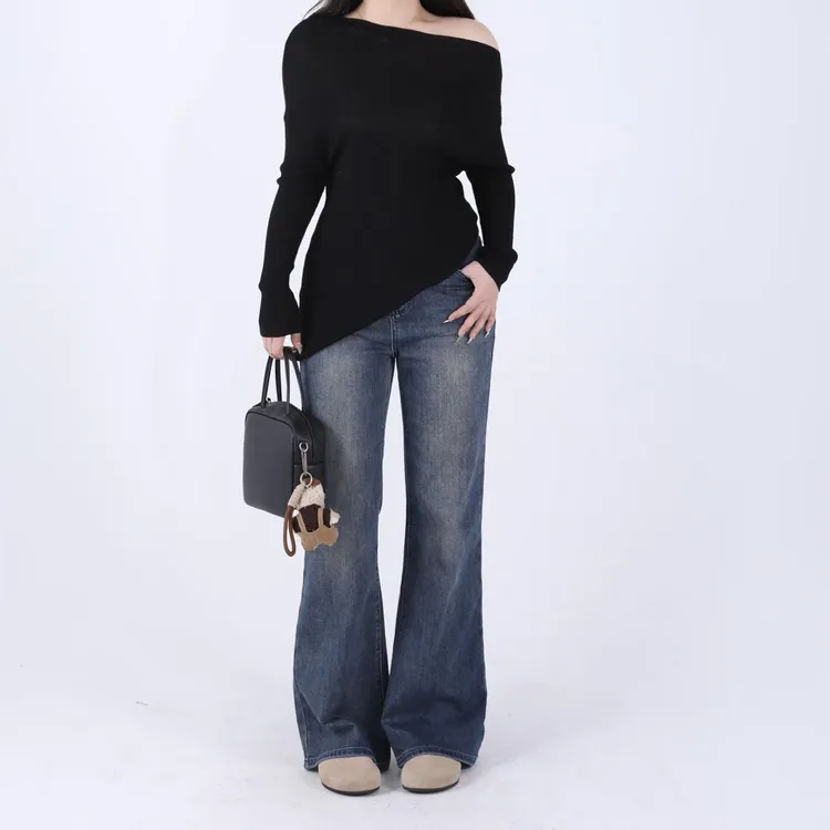 秋季新款 梨形微喇高腰松弛感韩系ins慵懒风网红显瘦弹力牛仔裤女