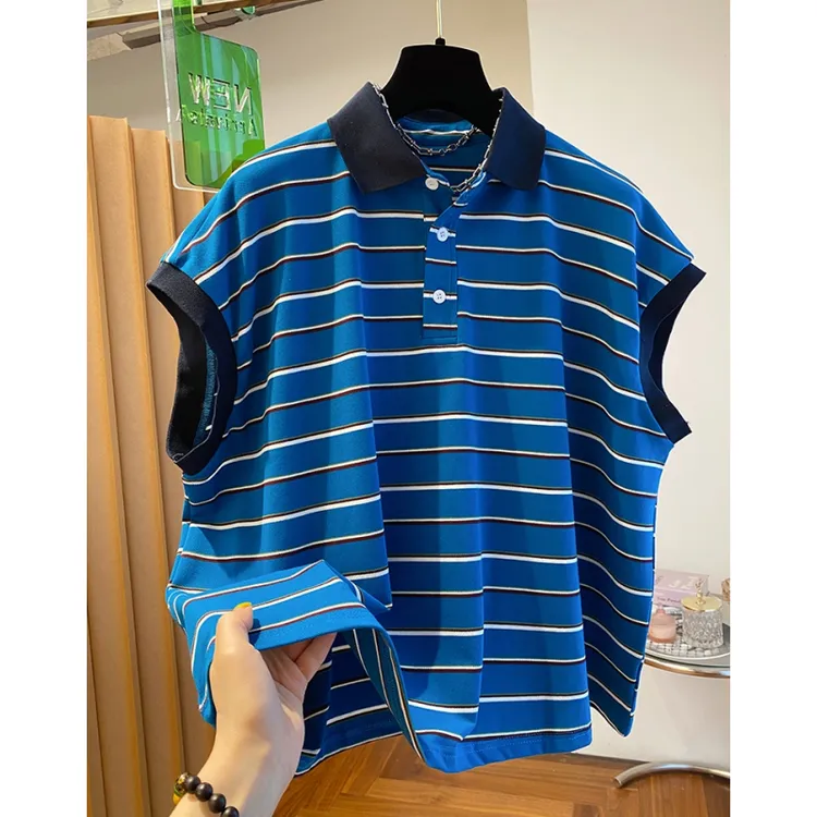 韩系蓝色条纹t恤女夏装2025新款宽松显遮拜拜肉POLO领小飞袖上衣