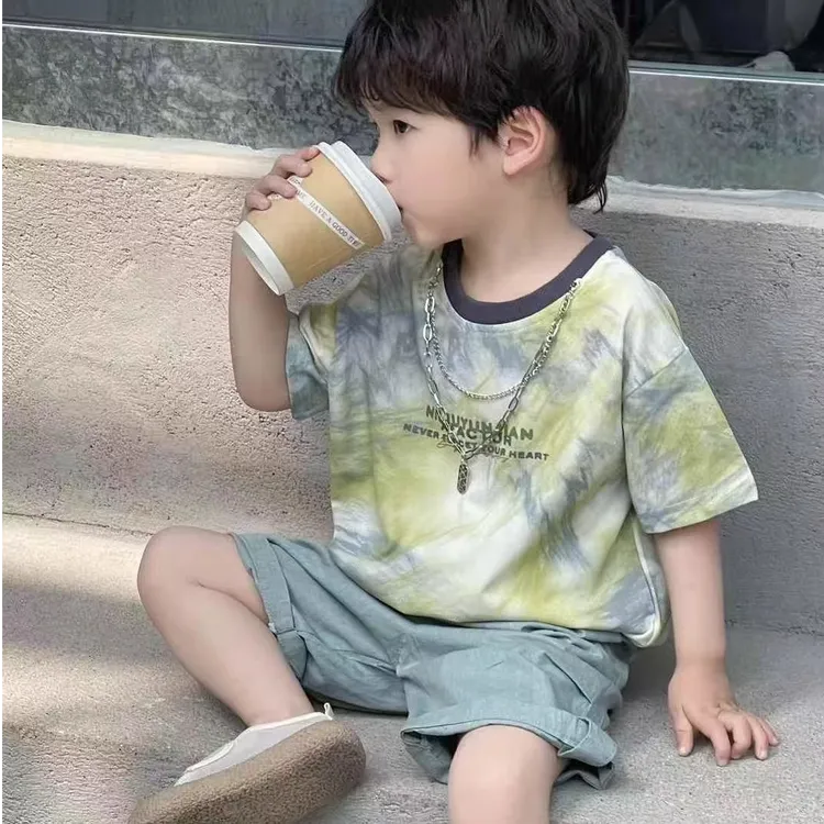 男童短袖t恤新款儿童夏季半袖吊染水墨画韩版帅气男孩宝宝上衣潮