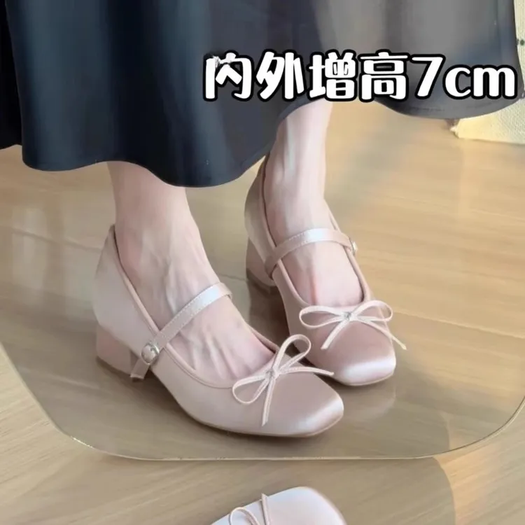 品牌内增高7CM缎面蝴蝶结高跟玛丽珍鞋女粗跟软底百搭芭蕾单鞋女