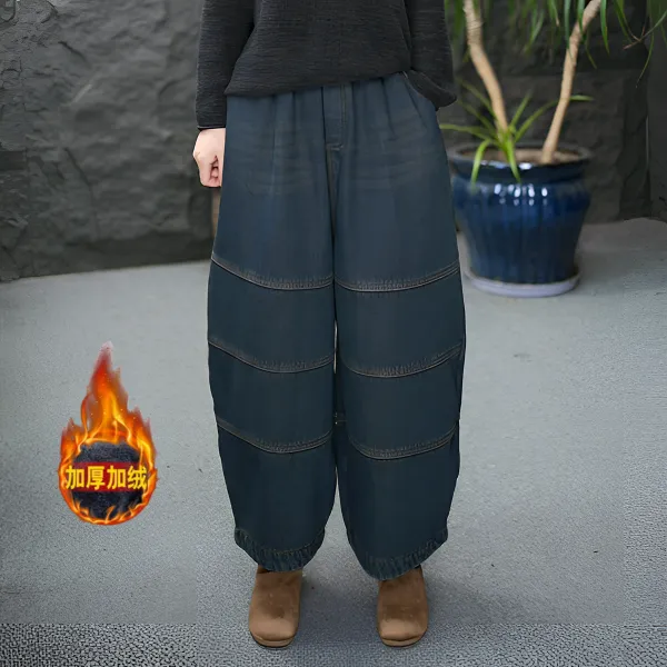 FF秋冬保暖休闲风松紧腰灯笼裤水洗长裤牛仔裤加绒直筒复古绒裤