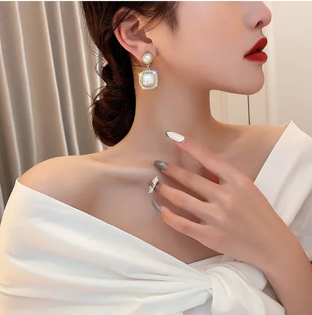 925银耳饰  s925银针镶钻珍珠几何方形耳钉法式简约耳坠时尚高级