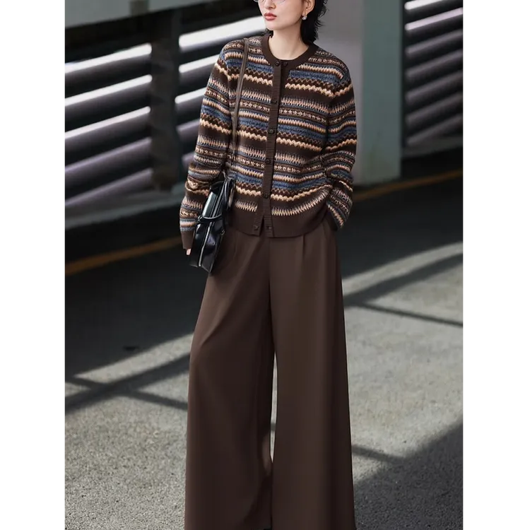 高级感巨好看的套装女冬季新款咖色花纹针织上衣同色休闲裤两件套