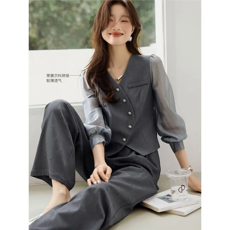 假两件不规则女装上衣阔腿裤穿搭一整套2025秋季新款套装