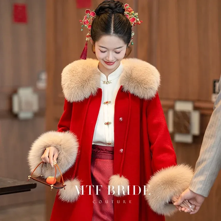 【现货】【红拂】红色大衣女新款秋冬新娘结婚双面呢子外套