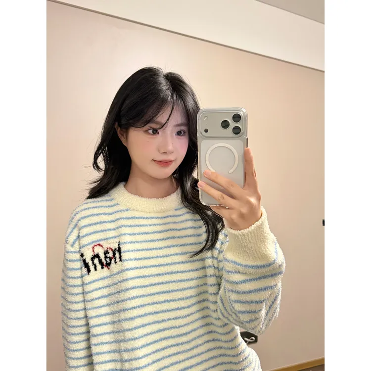 hanihani原创条纹半边绒睡衣女冬季2025新款加绒加厚保暖家居服女