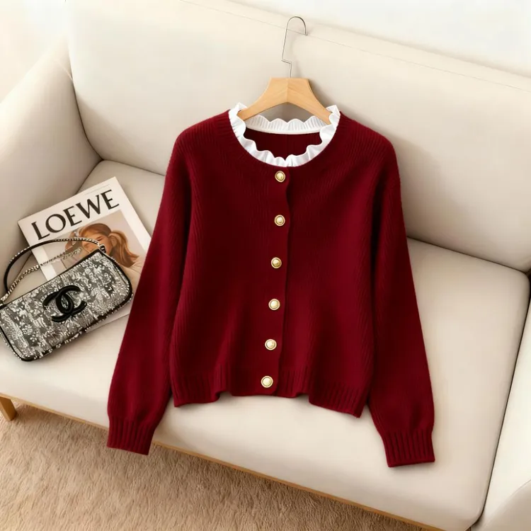 时尚慵懒风酒红长袖针织毛衣开衫女2025新款秋冬季小香风上衣打底