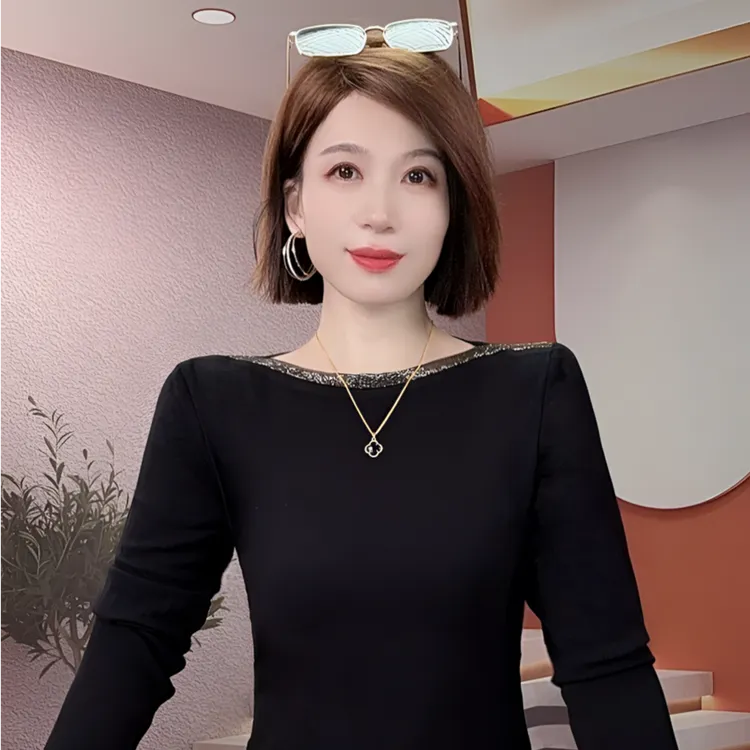 气质一字领烫钻长袖T恤女秋季2025新款时尚显瘦纯色百搭打底小衫