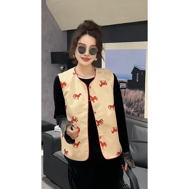 新中式国风小马印花上衣女2026春季新款时尚撞色长袖小衫马甲上衣