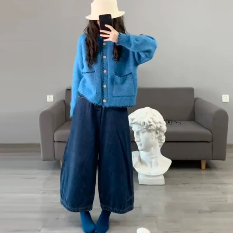 巨好看秋装一整套装多巴胺洋气减龄蓝色针织毛衣开衫牛仔阔腿裤N