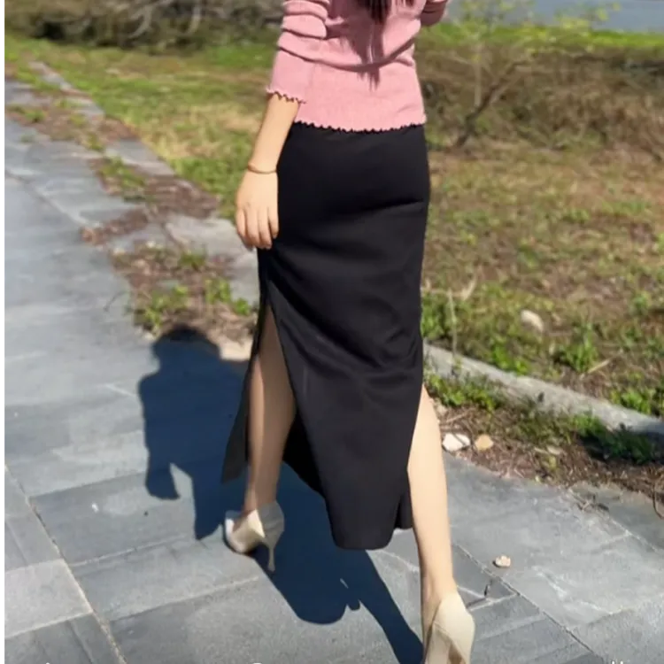 小米同款毛呢半身裙弹力双开叉中长款小个子显瘦黑色秋冬包裙百搭