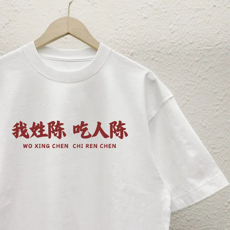 [可定制] 百家姓氏我姓陈吃人陈谐音梗短袖T恤纯棉宽松半袖文化衫