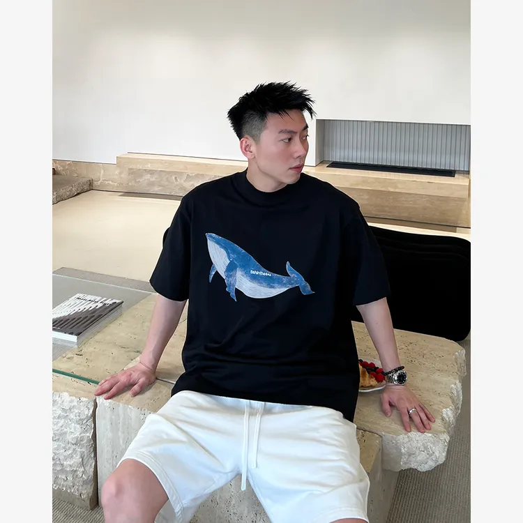 YIHAO STUDIO夏季新款男士纯棉鲸鱼T恤潮流百搭时尚宽松圆领短袖