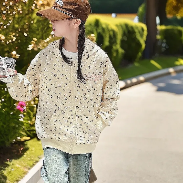 女童韩版休闲百搭时髦连帽上衣中大童春秋新款洋气碎花拉链衫外套