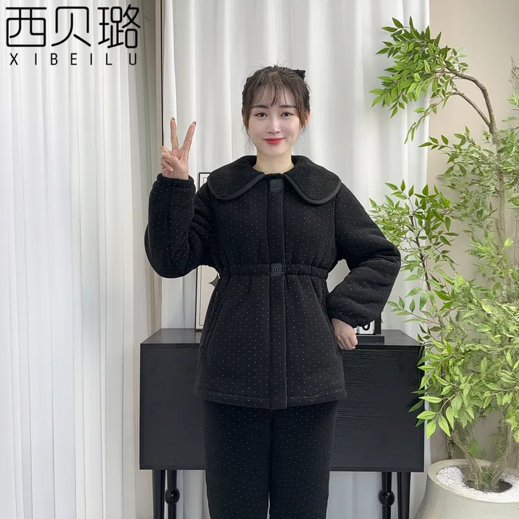 2025冬季新款可外穿三层夹棉加厚家居服套装睡衣保暖娃娃领棉衣女