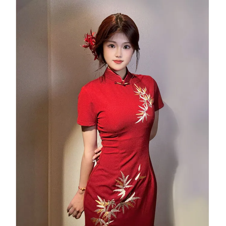 【竹影红妆】现货 新中式国风改良旗袍结婚订婚敬酒竹叶刺绣枣红色