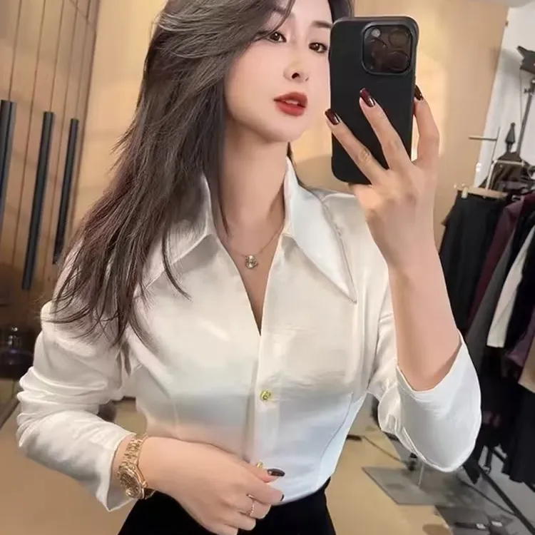 2025春秋新款高级感气质名媛纯欲缎面长袖衬衫