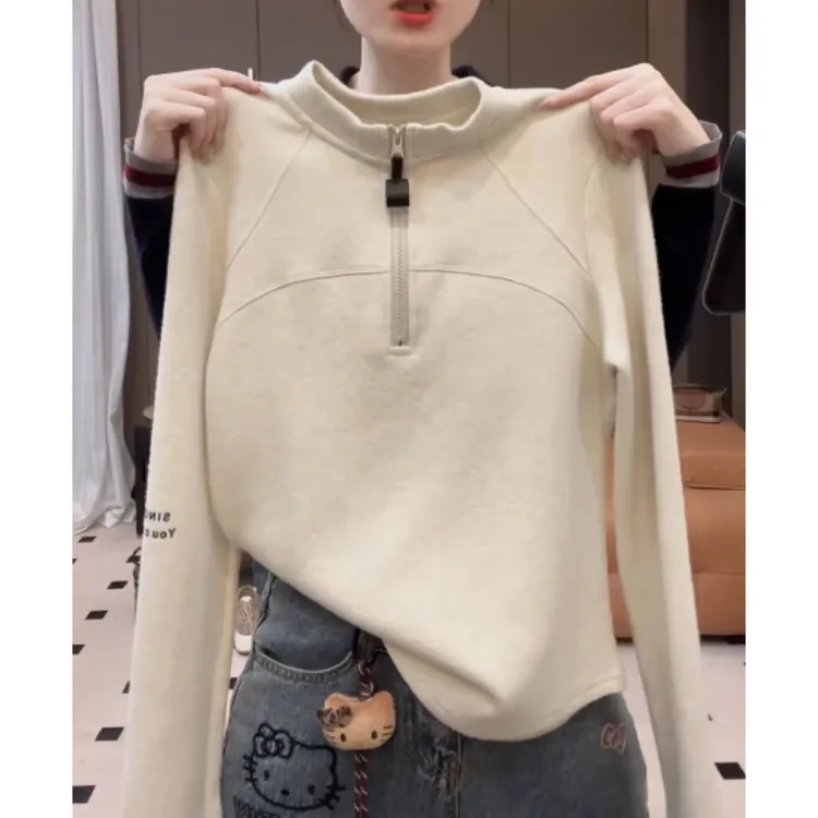 【暖意】2025秋冬立领半拉链字母袖修身弹力时尚长袖T恤LK2507412