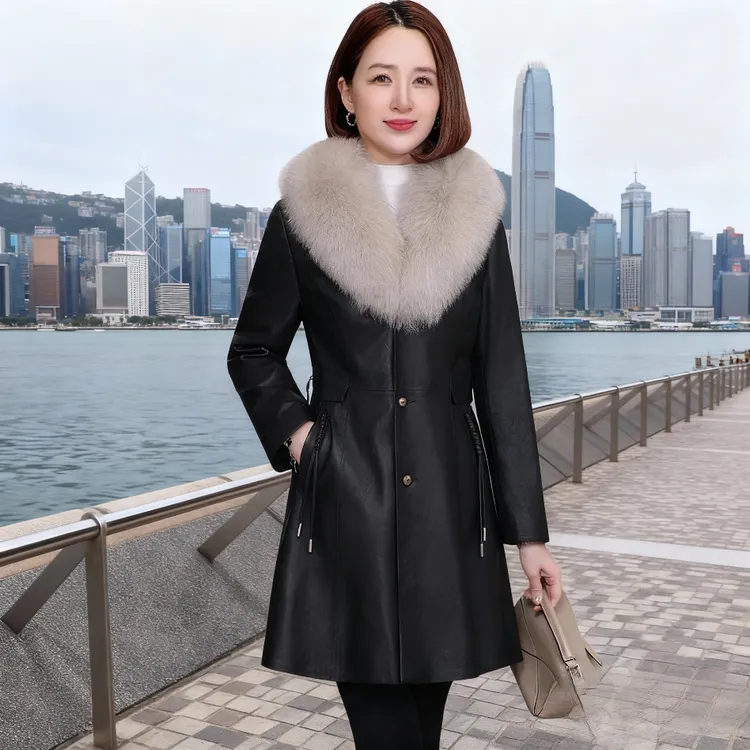 海宁真皮羽绒服女2025冬季新款绵羊皮系带收腰显瘦中长款皮衣外套